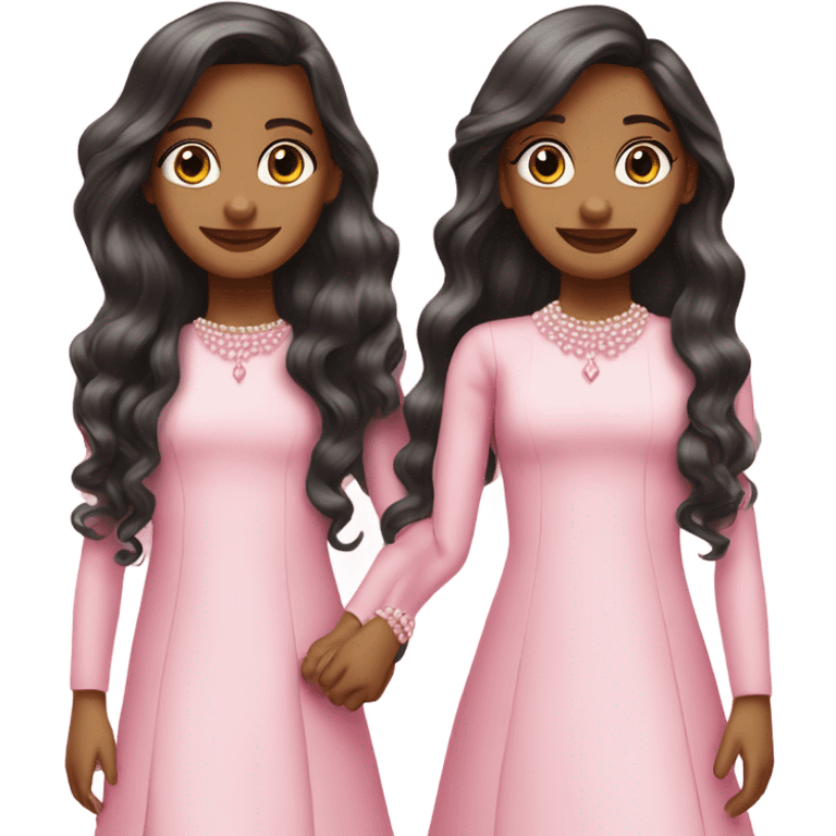 two teenage Latina twins. pink. Long hair. Pink bows. Pearls. Light pink. Diamonds dress. emoji