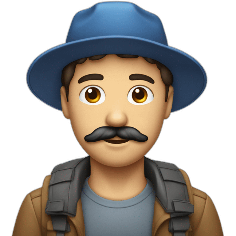 un garçons brun cheveux mi long un raie au milieux avec écouteur yeux bleus casquette et moustache peau normal emoji