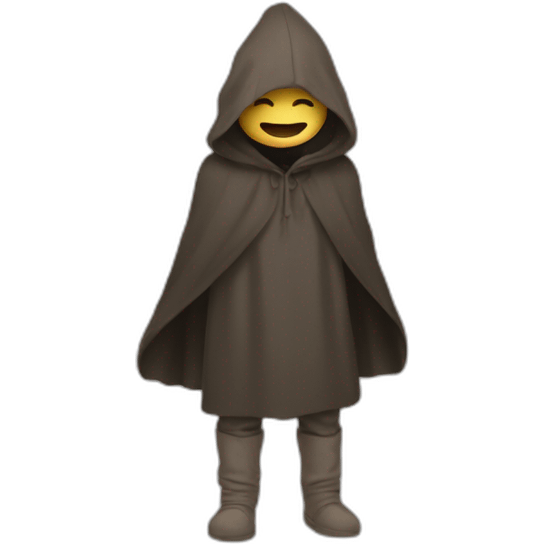 Guy with a hood covering his eyes, smiling and holding his hands together in a large droopy cloak emoji