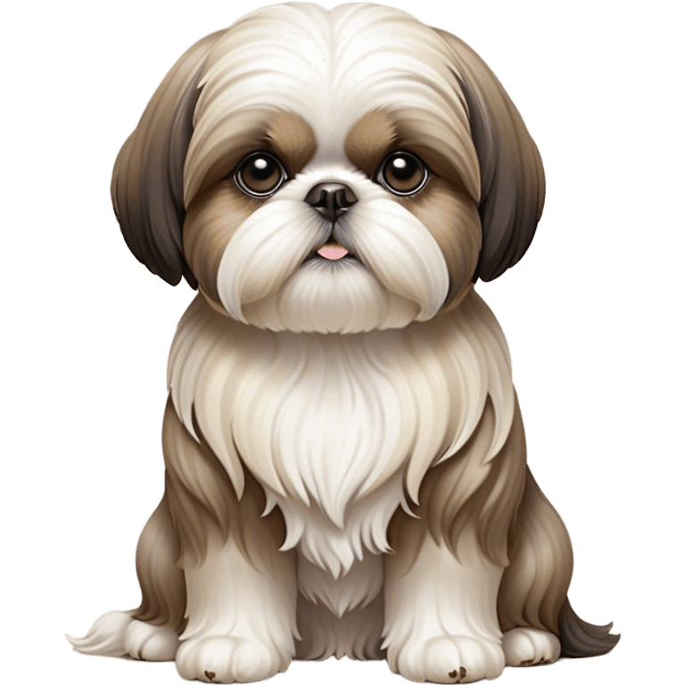 Cinematic Noble Shih Tzu Portrait Emoji, Poised and elegant, with a luxurious, flowing fur in refined muted tones, delicate features and wise, gentle eyes, simplified yet meticulously detailed, glowing with a soft, regal radiance, high shine, exuding quiet dignity and timeless charm, soft glowing outline, capturing the essence of a noble Shih Tzu that epitomizes refined poise! emoji