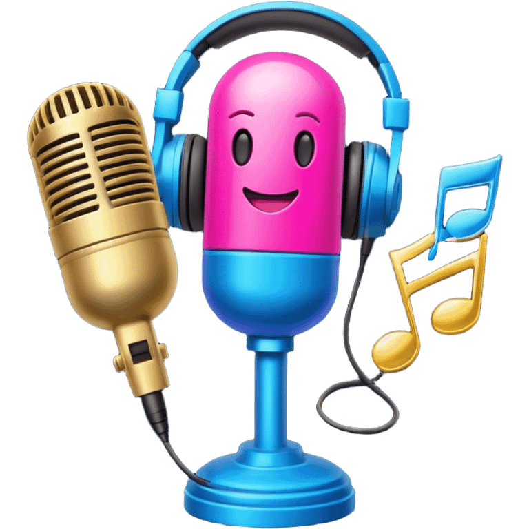 Create a vibrant and energetic emoji that represents pop or stage vocal performance. The design should feature a microphone, a set of musical notes, and a spotlight or stage lighting to symbolize the performance aspect of pop singing. Add elements like studio headphones, a music mixer, or a soundboard to reflect the modern, studio-based nature of pop vocal performance. Use bright colors like neon pink, electric blue, and gold to convey energy, creativity, and the glamour of the stage. The background should be transparent. emoji