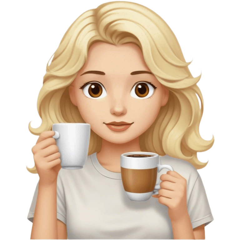 blonde model, brown eyes, medium length wavy hair, comfy t-shirt, drinking coffee emoji