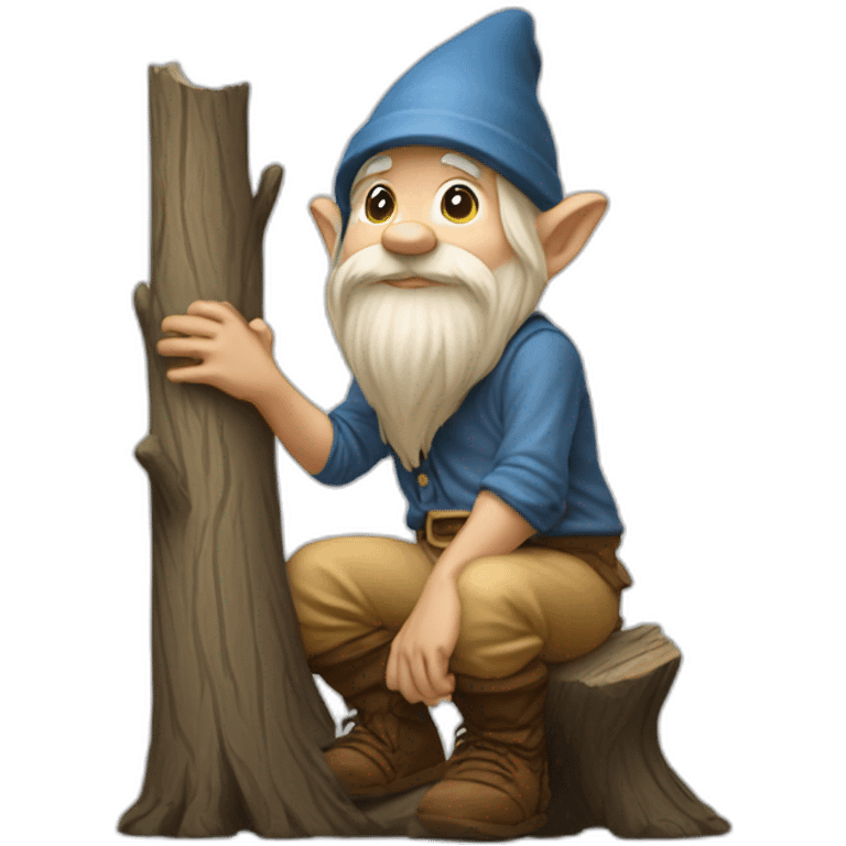 side view of gnome with light tan pants squatting on top of small brown log emoji