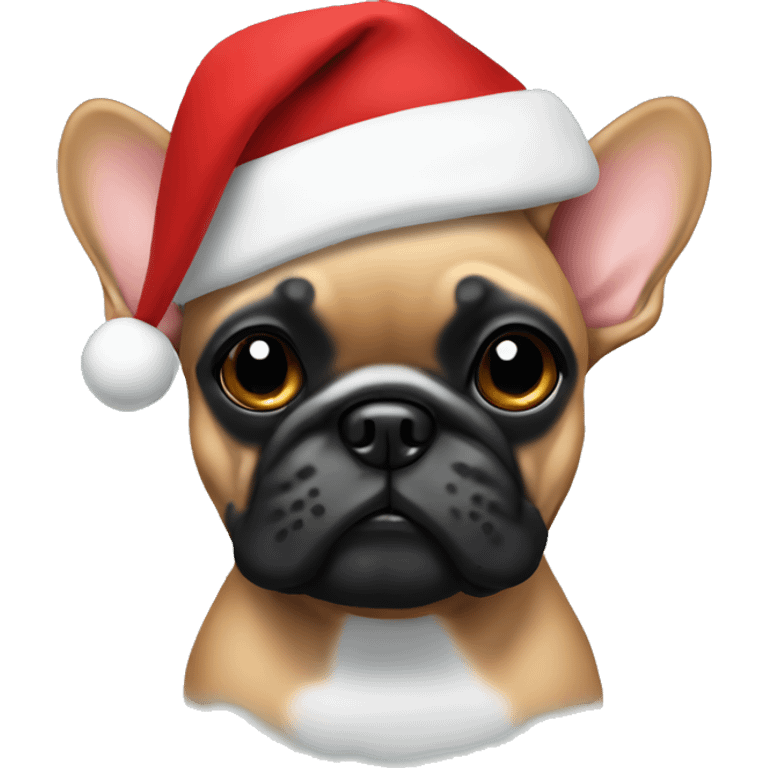 Fawn with black mask Frenchie wearing a Santa hat emoji