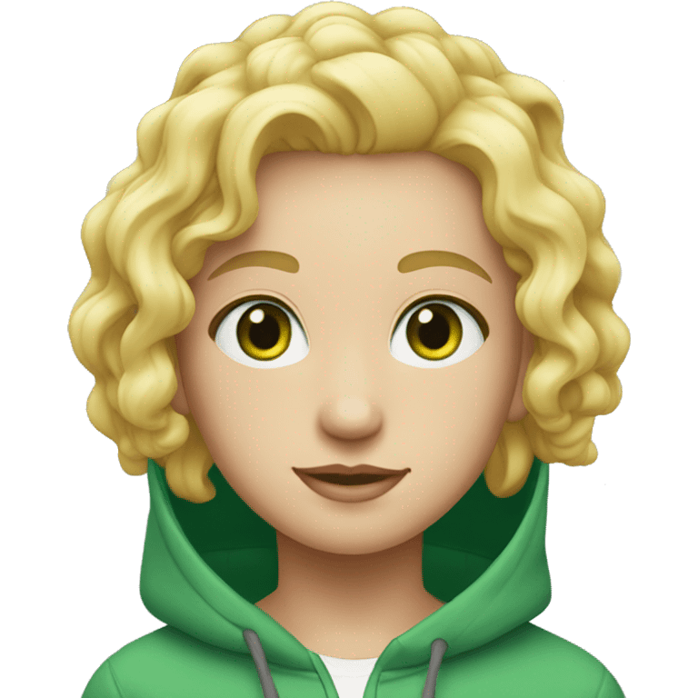 Blonde waivy hair, green eyes, wearing a hoody emoji