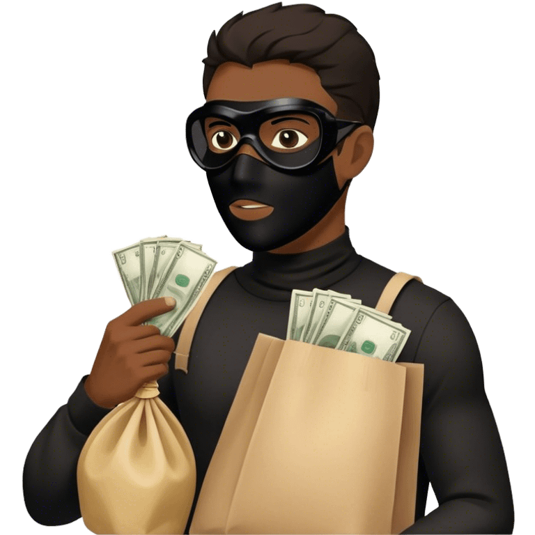 Robber, black mask, holding a bag of money, side view, male emoji