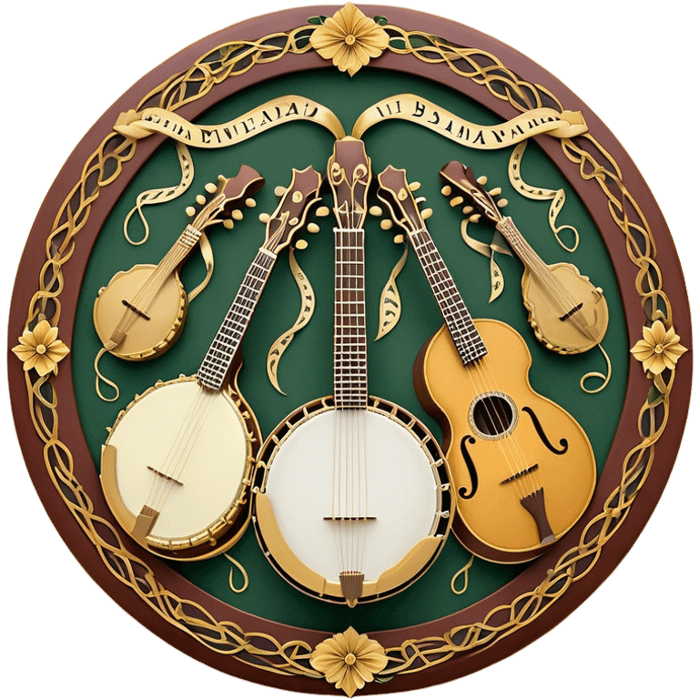 Create an intricate, festive, and emblematic emoji symbolizing plucked string instruments. The design should resemble a regal crest, featuring instruments like a banjo, mandolin, domra, sitar, and other plucked strings, arranged symmetrically in an ornate composition. Their necks and strings should elegantly intertwine with a flowing ribbon of musical notes, wrapping gracefully around the instruments. The overall shape should be grand and balanced, evoking a sense of tradition and celebration. Use a rich and refined color palette with gold, deep mahogany, and vibrant accents, adding intricate wood textures, decorative inlays, and metallic tuning pegs for a professional, polished look. The background should be transparent, making the emblem stand out as an independent artistic mark emoji