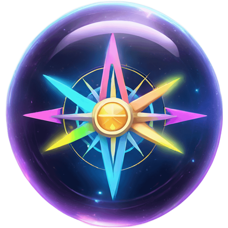 A glowing, holographic compass with vibrant neon arrows spinning inside a crystal-clear sphere. emoji