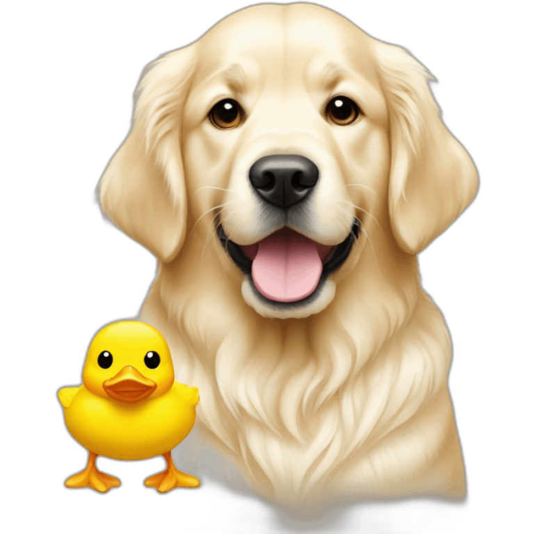 English cream golden retriever with small yellow duck toy emoji