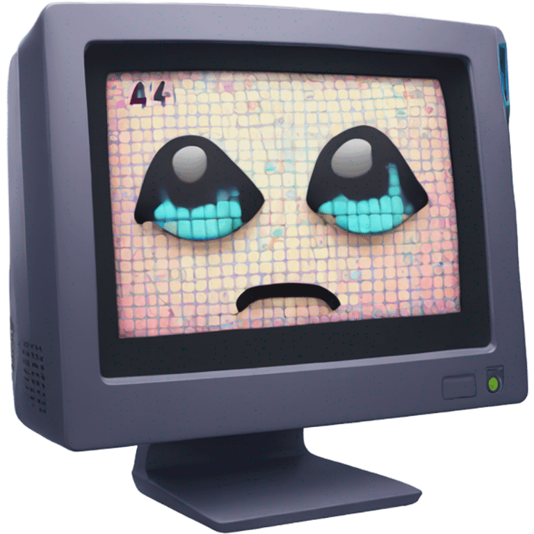 kawaii-style computer monitor with expressive sad eyes and teardrops, broken pixel-style "404" text glitching on screen, digital error symbols floating around, soft pastel colors, emoji art style emoji