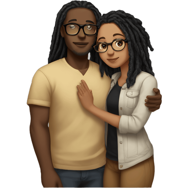 black couple with locs, male lightskin with long black locs, female brown skin with glasses and BLACK locs tied up kissing full body emoji