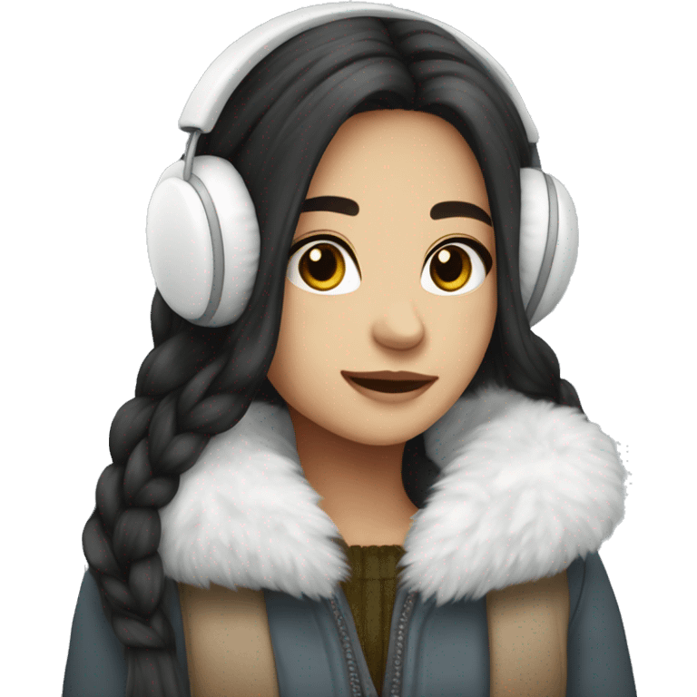 Winter girl long dark hair white cozy earmuffs  emoji