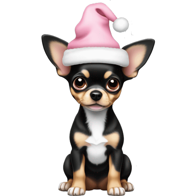 black & tan chihuahua puppy full body light blue eyes pink christmas hat on emoji