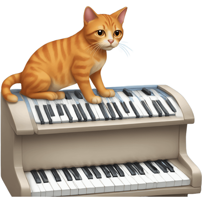 tan-red cat wearing a light-blue t-shirt taps musical keyboard emoji