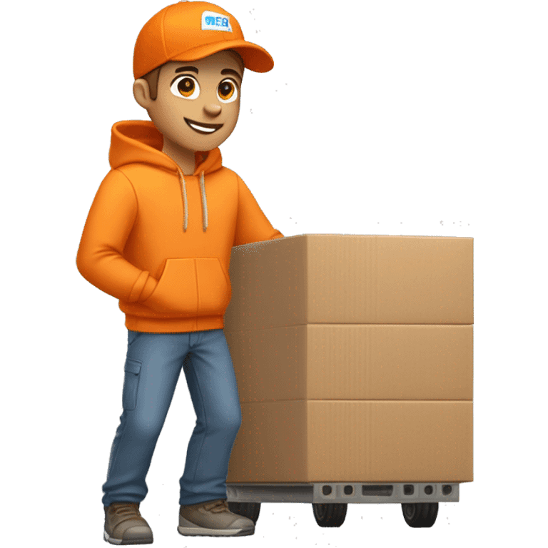 Delivery boy, full body, light skin tone, wearing orange cap and orange hoodie, kex delivery company uniform loading a package ,background security pos emoji