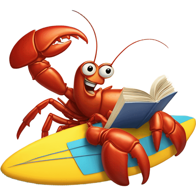 A very large lobster reading fine literature while surfing on a huge wave on a surfboard at the beach with and working out  emoji