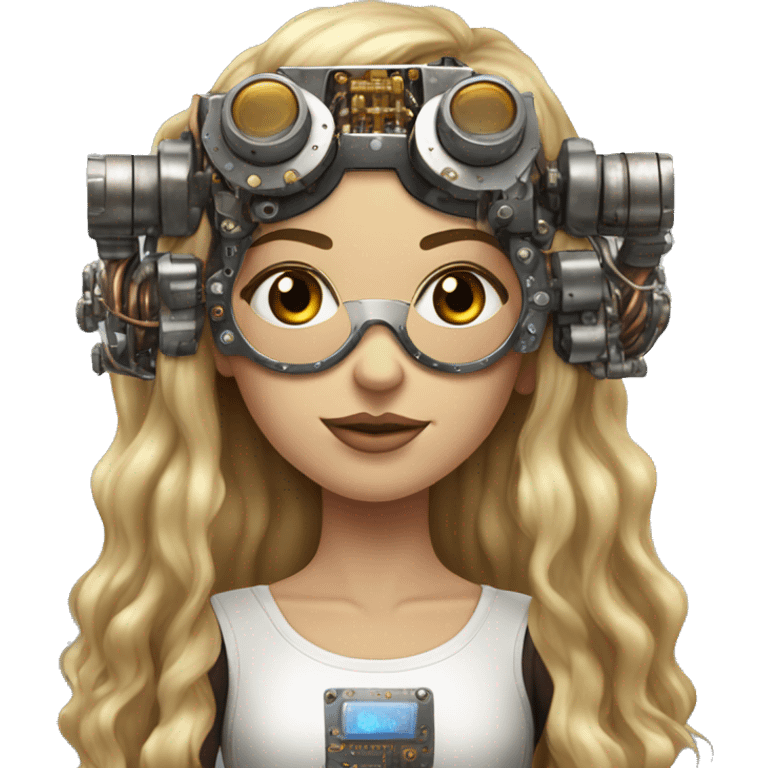 Brown long hair with blonde steaks female cyborg head, fair skin, steampunk goggles and circuits emoji