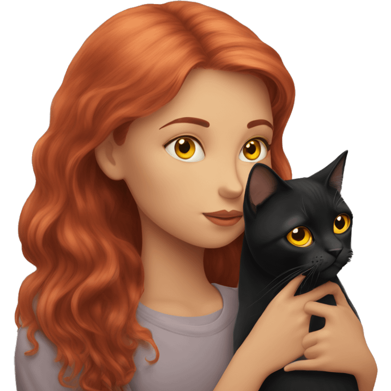 A red-haired girl kisses a black British cat with yellow eyes emoji