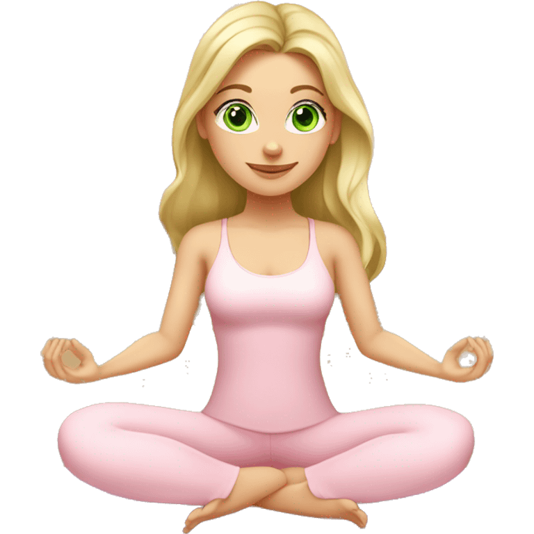 blonde long hair and green eyes yoga beautiful girl in light pink clothes sitting on a yoga mat emoji