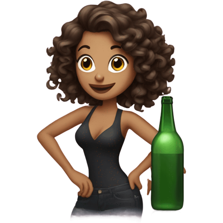 brunette girl with styled curls partying with a bottle  emoji