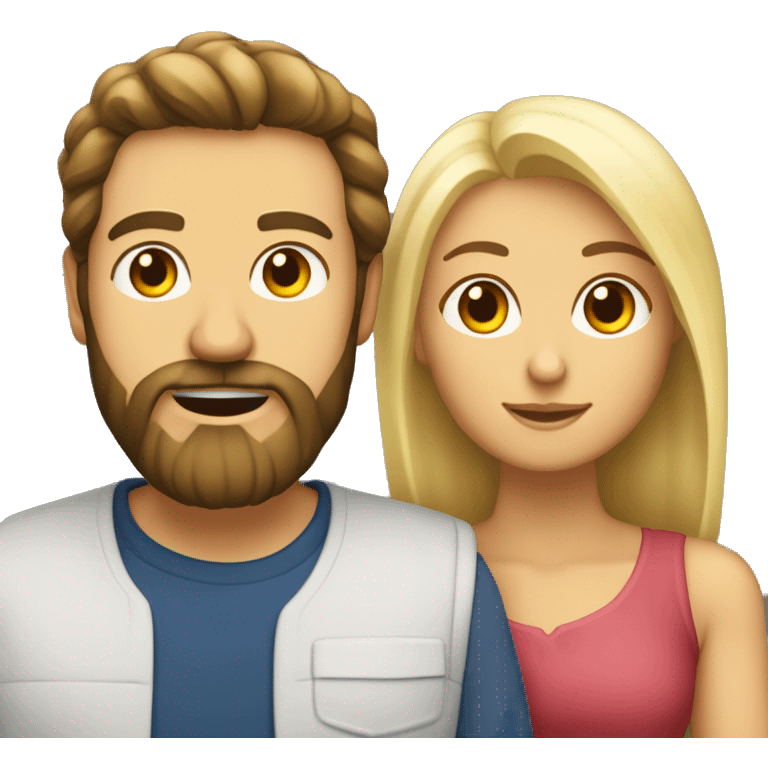 Créer moi un couple avec un homme brun barbu et une femme blonde au cheveux long  emoji