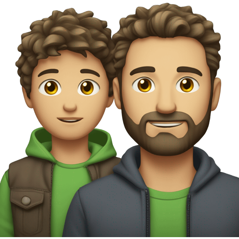 Handsome Father 40s green eyes with short full beard with Son 13s tousled bedhead look both has brunette hair light skin arms on shoulder portrait emoji