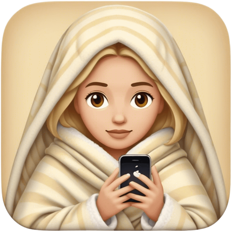 realistic modern woman in cozy blanket with iPhone, modern iPhone style emoji emoji