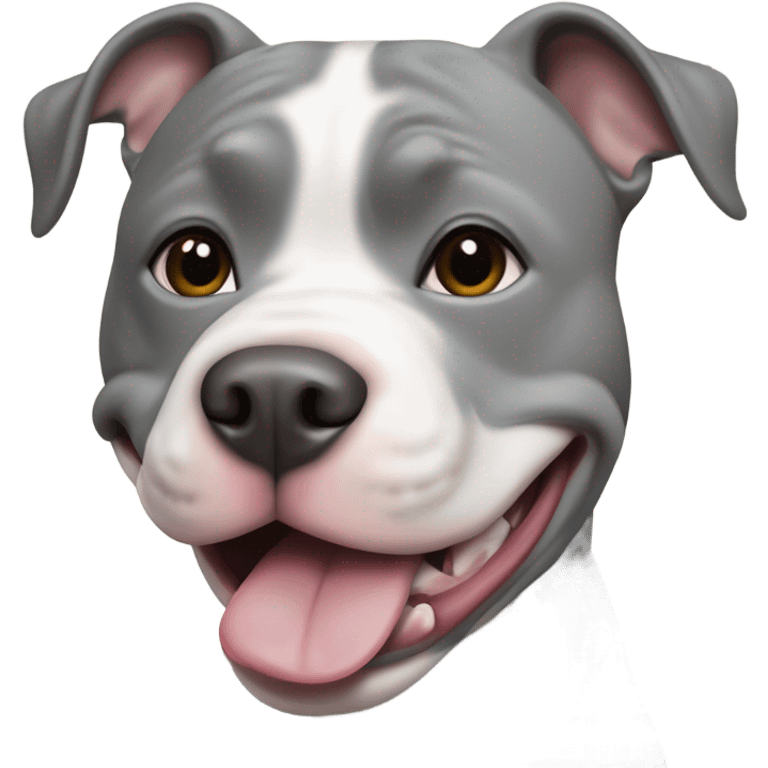 Pit bull type dog with gray face with left side of nose white strip going up center of face, tongue out happy emoji