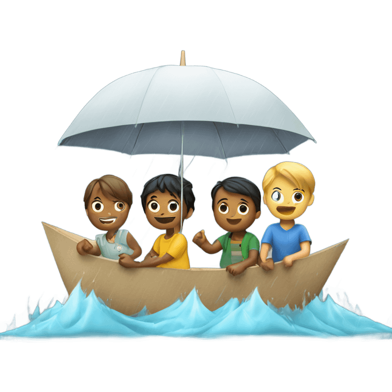 3 kids with a umbrella playing with a paper ship in the rain emoji