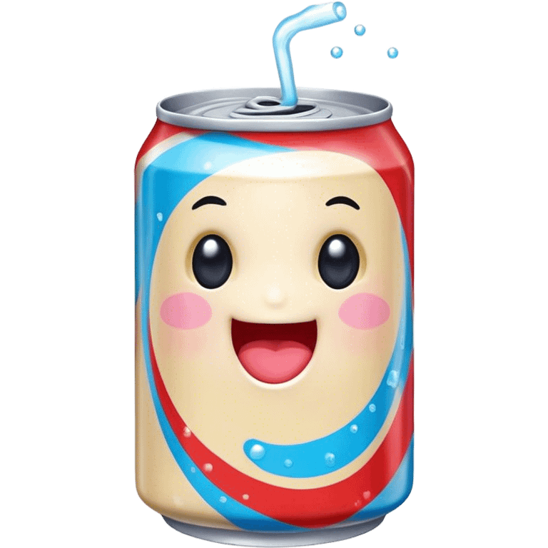 Cute Kawaii Soda Can, bubbly and vibrant, bright red and blue stripes, playful fizz popping around, a chubby happy face with wide sparkling eyes, energetic and refreshing! emoji