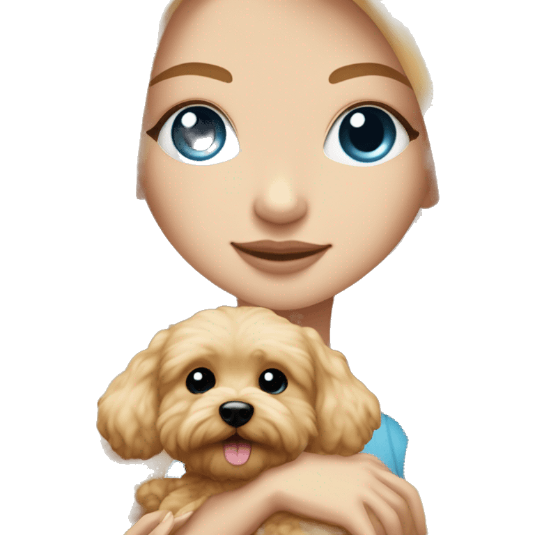 Blonde girl with very long straight hair and blue eyes is hugging a small caramel maltipoo emoji