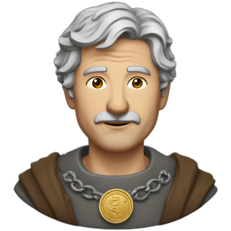 medieval coin engravers guild leader, 50 years old, grey hair, bust, has a necklace with a coin, has a coin in one hand emoji