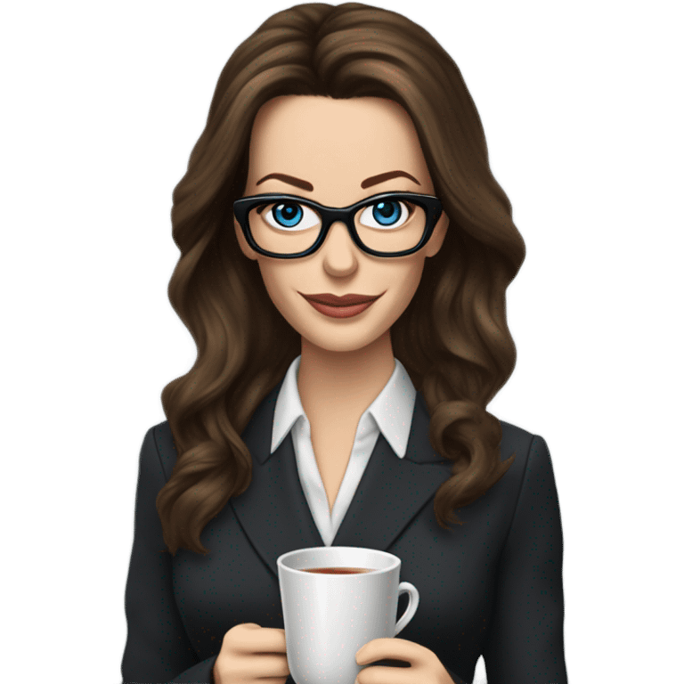 Realistic Kate Beckinsale blue eyes wearing glasses in a business dress drinking a cup of tea  emoji