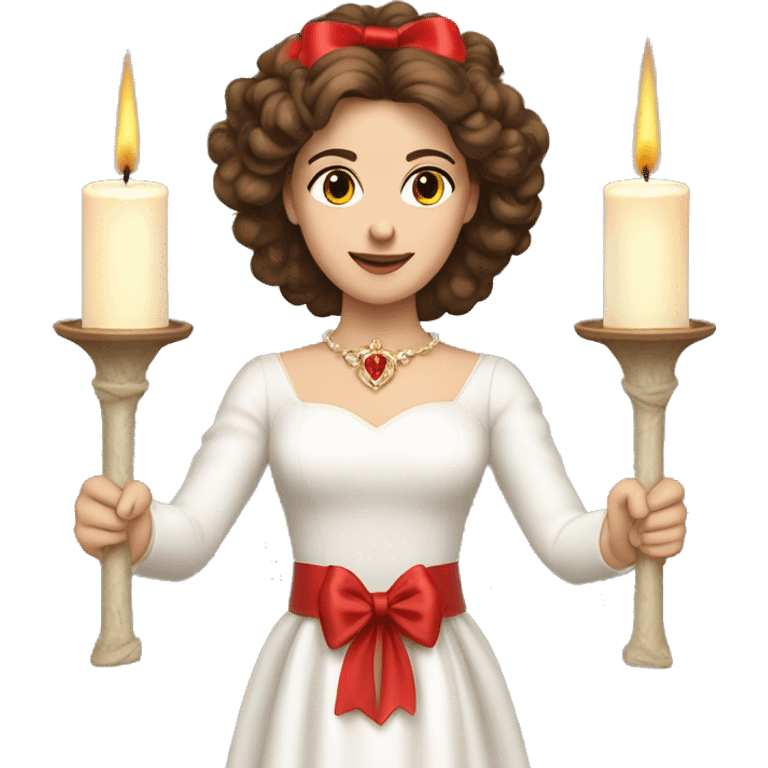 brown haired women with white gown red silk bow belt and spur head wreath with white candles on top of it emoji