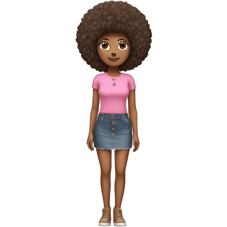 Tan girl with Afro and pink button top and jean skirt full body emoji