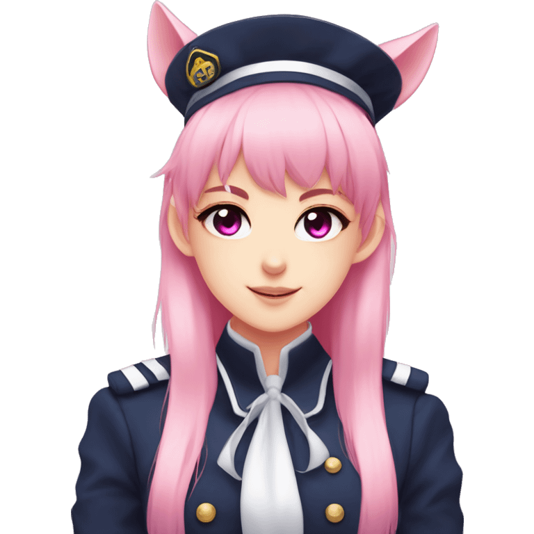 Anime girl, pink eyes, navy uniform, pink pony tail with bangs to the side, pink ghost cat on top of her hat, black choker, elf ears with pier emoji