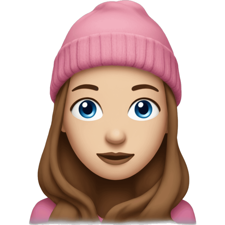 woman with blue eyes, long brown hair, and pink beanie emoji