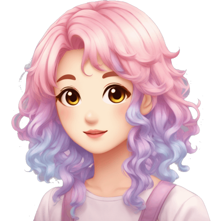 Gorgeous anime style shojo character with blushing face aesthetic and pretty colorful shiny gradient pastel hair with hair garment trending style emoji