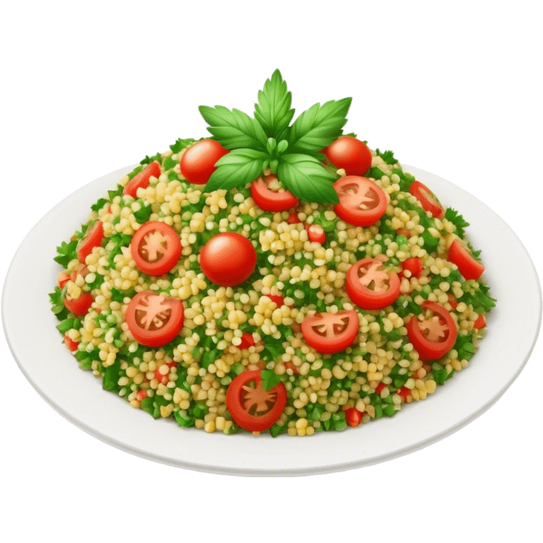 Cinematic Realistic Tabbouleh Salad Dish Emoji, showcasing a fresh herbaceous salad with bulgur, tomatoes, and parsley rendered with crisp textures and natural, vibrant lighting. emoji