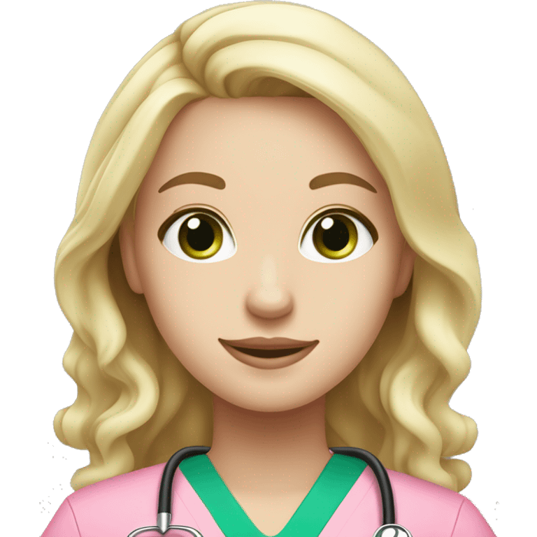 pale blonde girl with long wavy hair and green eyes wearing pink scrubs and stethoscope  emoji