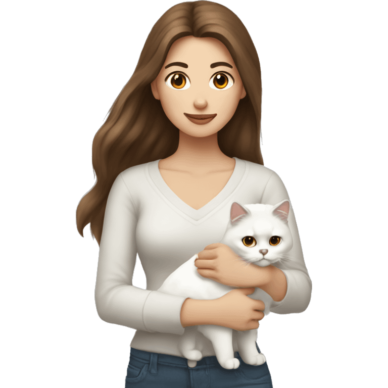 woman with brown hair holding a white Siberian cat emoji