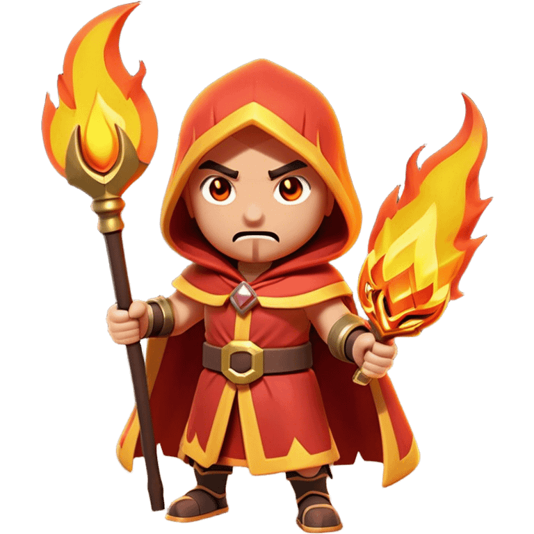 Clash of Clans aesthetic: Cinematic Ferocious Fire Mage Hero closeup Emoji, rendered in a 3D vector-style similar to standard emojis with minimal shading and bold, simplified shapes. A compact, isometric figure draped in flowing, charred and ember-lined robes, wielding a fiery staff crackling with intense flames. Eyes burning with an infernal glow, exuding raw, untamed power. Simplified yet unmistakably iconic, highly detailed and consistent, glowing with a fiery, molten radiance and high shine. Stylized with a touch of menacing sorcery and a searing, ember-infused outline, capturing the essence of a wrathful mage ready to unleash devastating fire magic! emoji