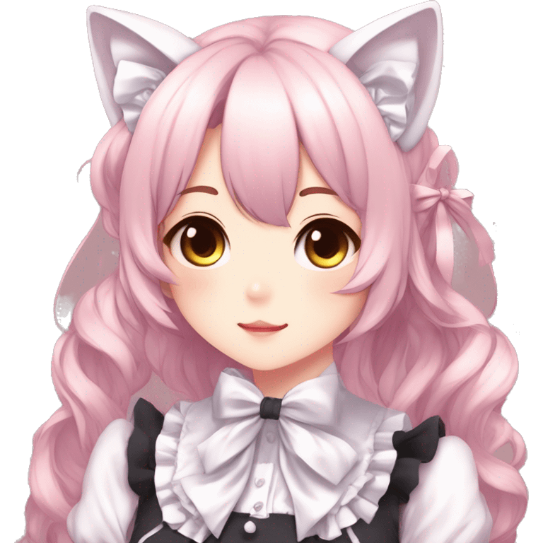 Gorgeous anime style catgirl with blushing face with maid outfit bow tie idol model kawaiicore pearly petite simplistic aesthetic trending style emoji