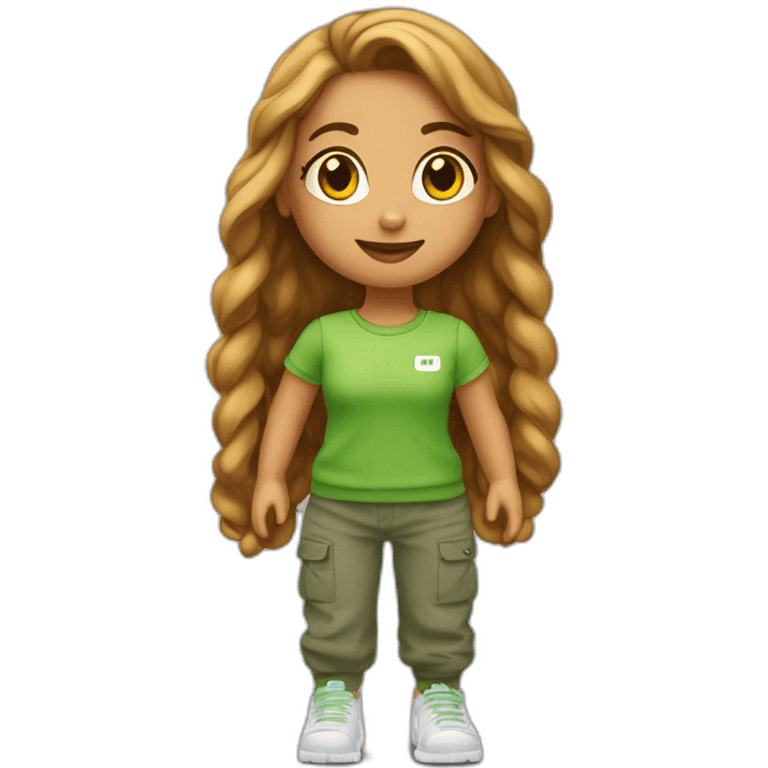 Een meisje met steil lang haar met een groene truien en een wide cargo broek en witte Nike emoji