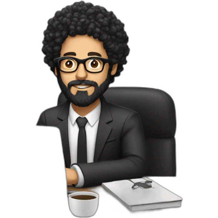 men with black curly hair and beard and golden glasses work hard on computer emoji