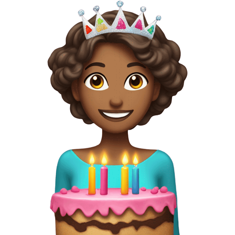 Beautiful brunette with birthday cake and tiara emoji