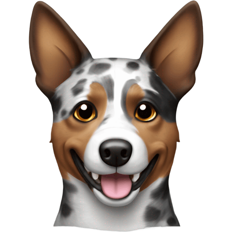 Australian cattle dog that is brown, black, grey and white with white spots smiling  emoji