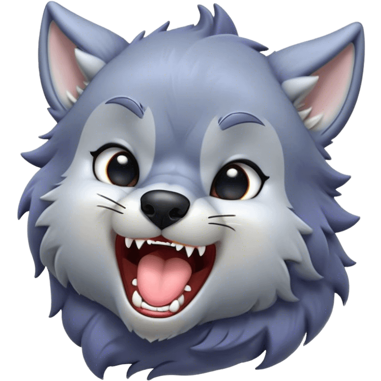 Cinematic Cute Yawning Werewolf Portrait Emoji, with a cuddly, miniature lupine form in soft moonlit grays and silvers, head leaning back in a big, adorable yawn that reveals a few fuzzy teeth, simplified yet irresistibly charming, highly detailed with a soft glowing outline that captures the drowsy, playful essence of a werewolf mid-nap! emoji