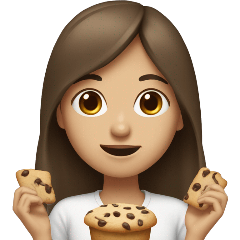 Girl with long brown hair and wispy bangs eating cookie dough  emoji