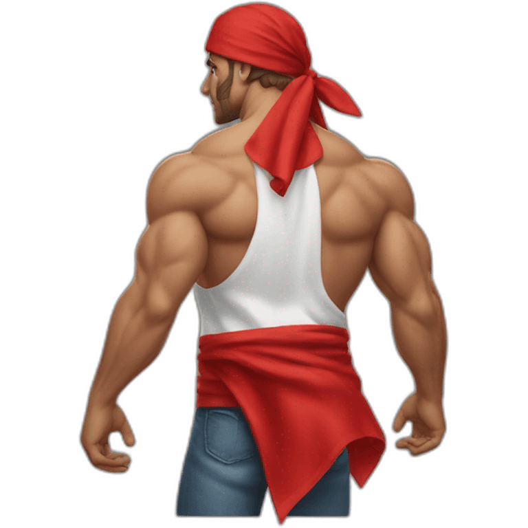 muscular man in red bandana turning facing away from the viewer turning his head back to face the viewer,torso emoji